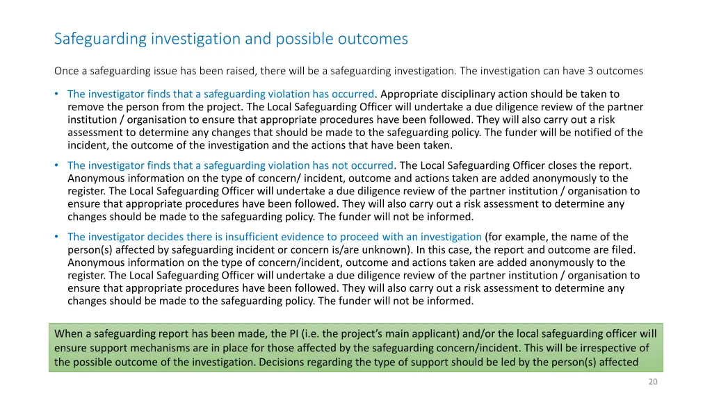 safeguarding investigation and possible outcomes