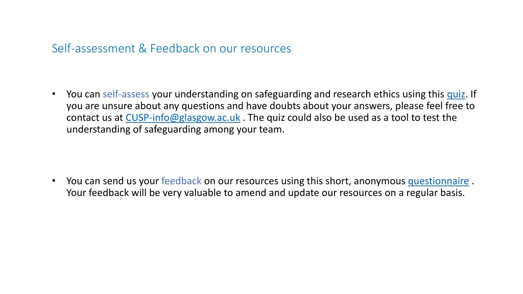 self assessment feedback on our resources
