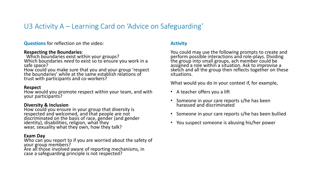 u3 activity a learning card on advice