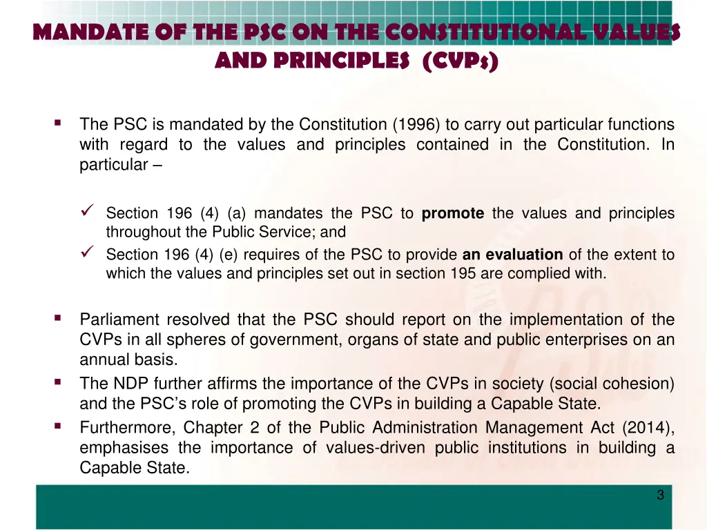 mandate of the psc on the constitutional values