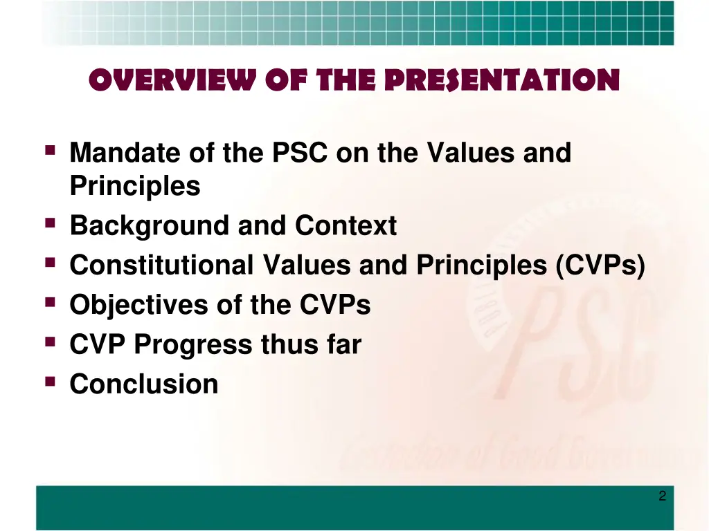overview of the presentation
