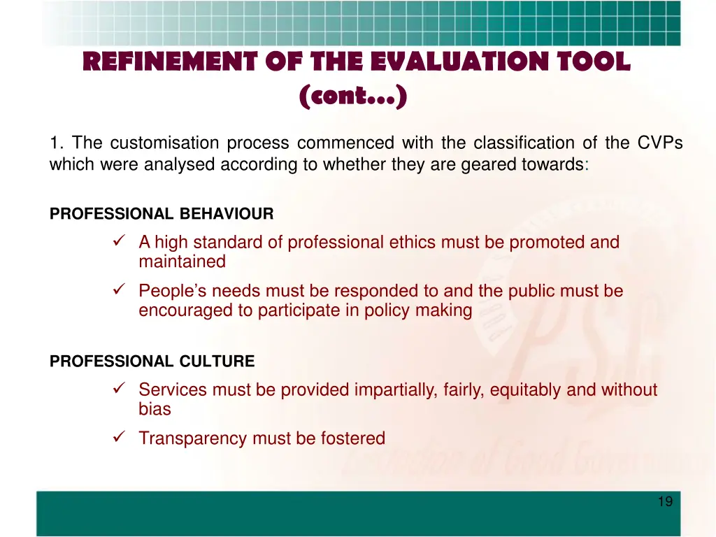 refinement of the evaluation tool cont 1