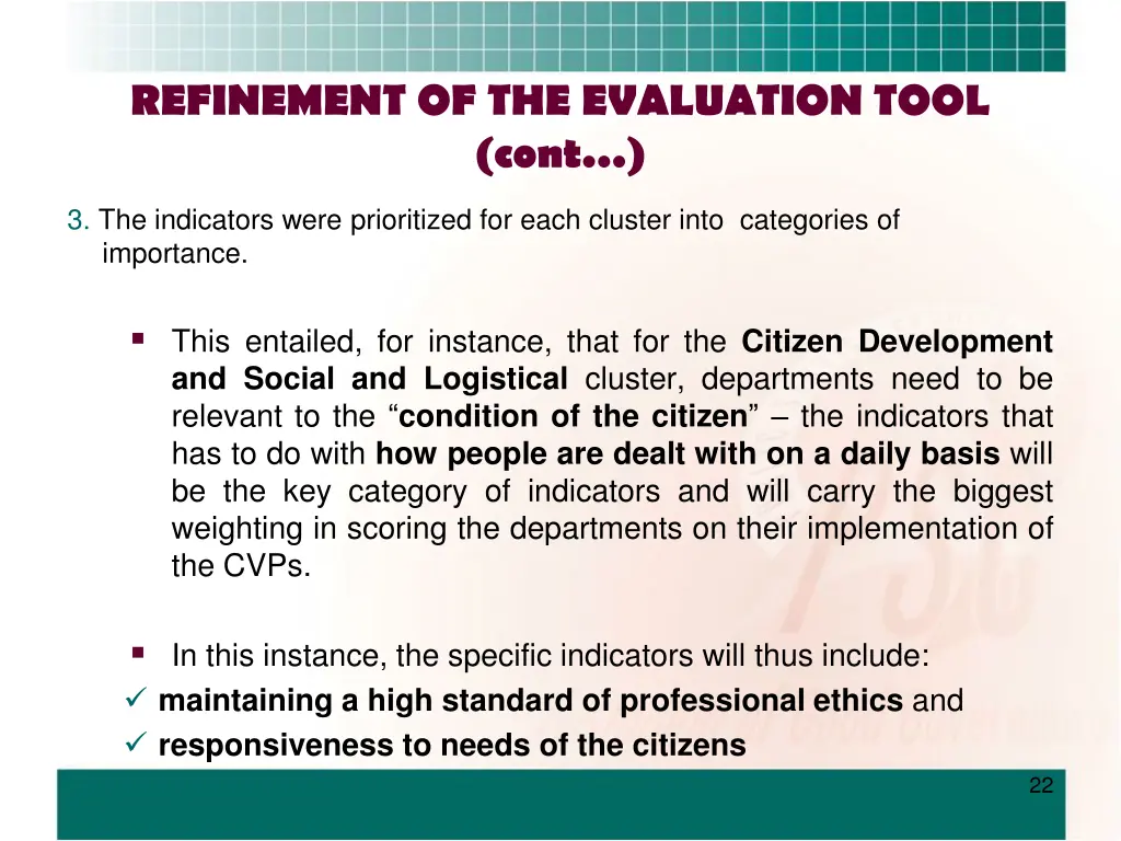 refinement of the evaluation tool cont 4