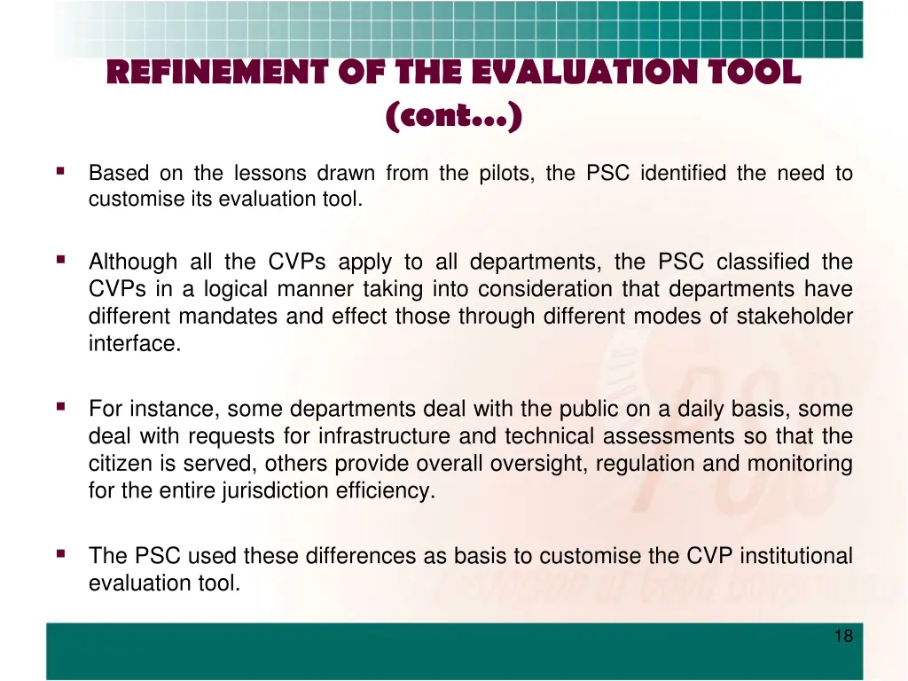 refinement of the evaluation tool cont