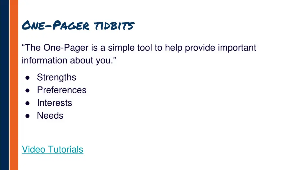 one pager tidbits