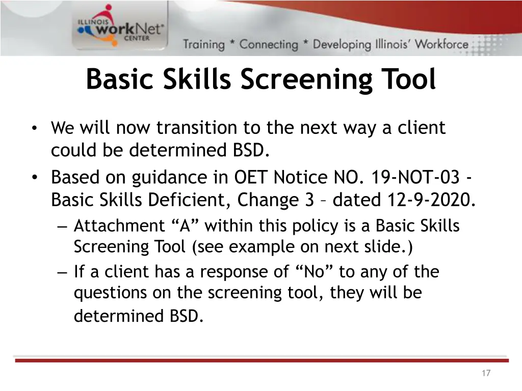 basic skills screening tool