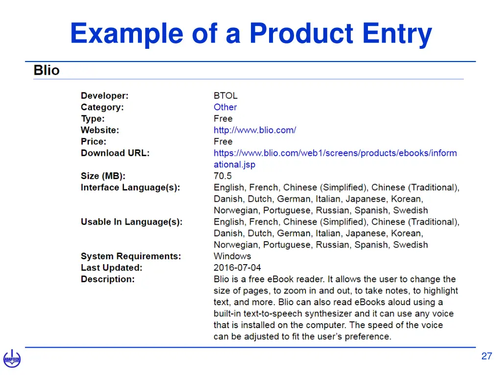 example of a product entry