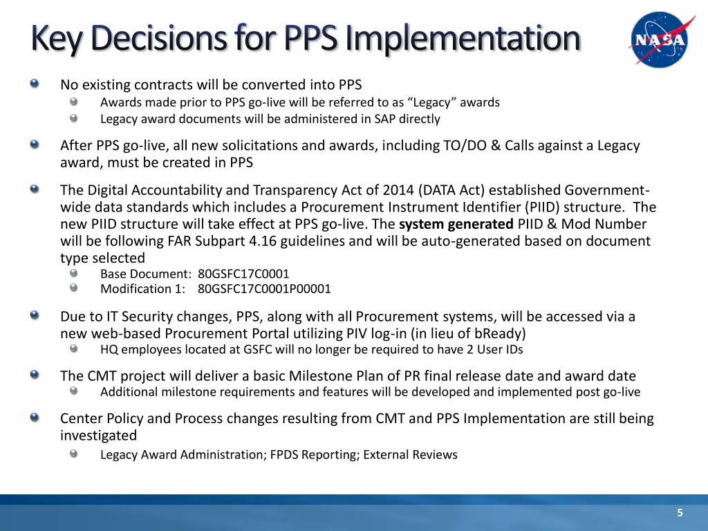 key decisions for pps implementation
