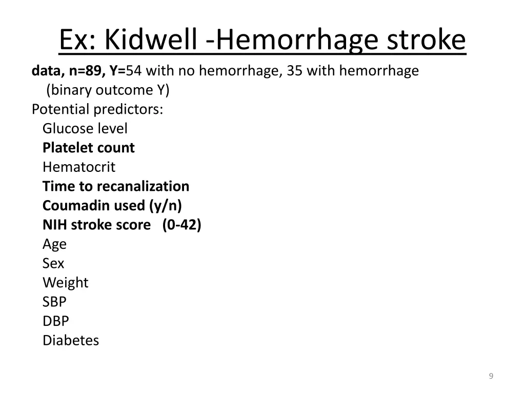 ex kidwell hemorrhage stroke data n 89 y 54 with