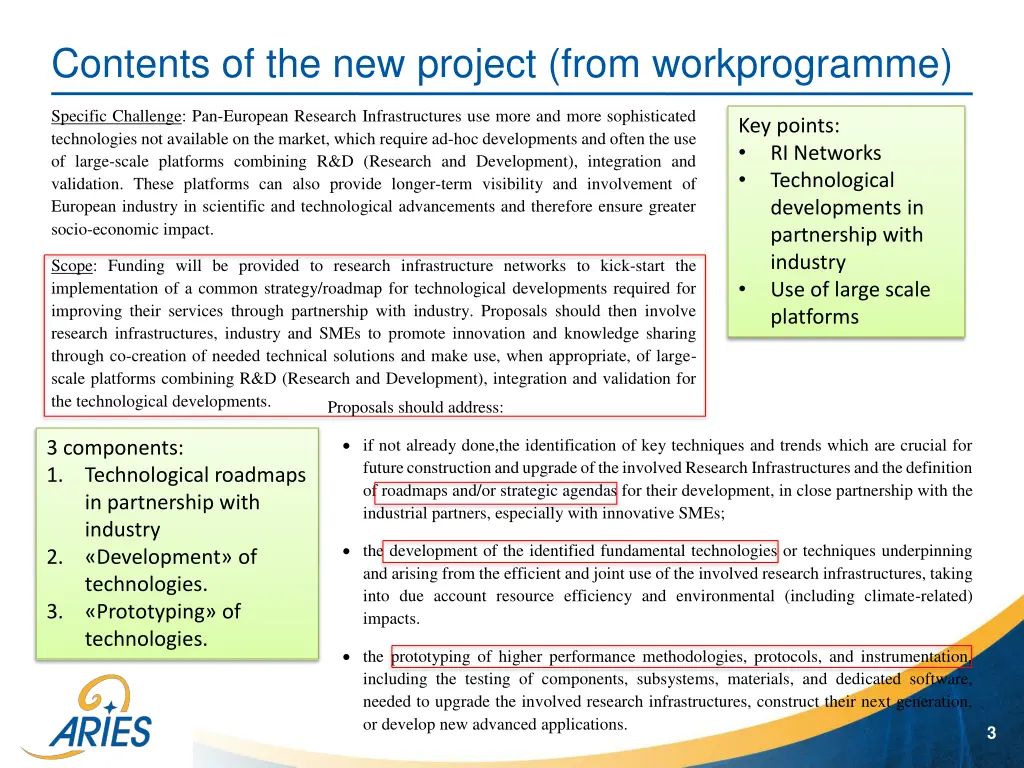 contents of the new project from workprogramme