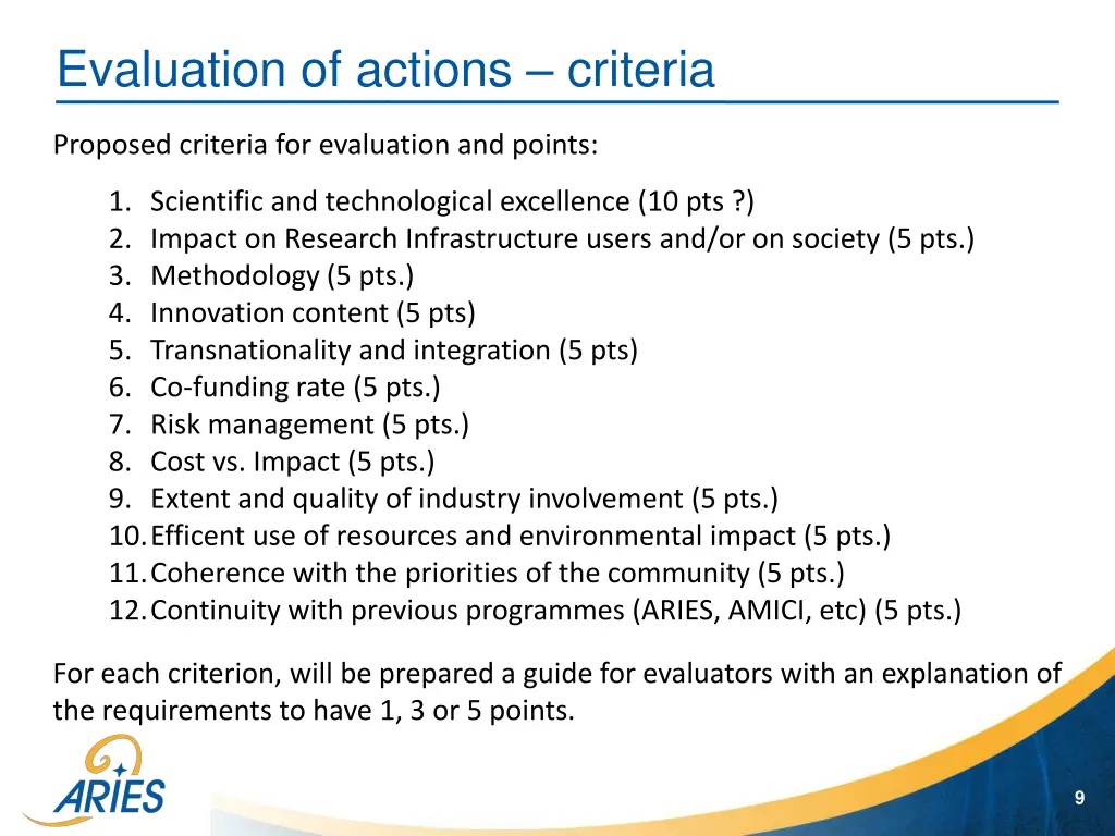 evaluation of actions criteria