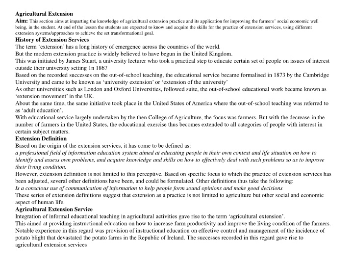 agricultural extension aim this section aims