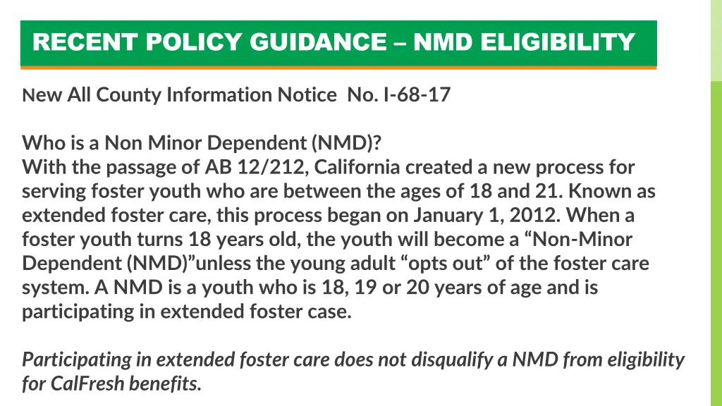 recent policy guidance nmd eligibility