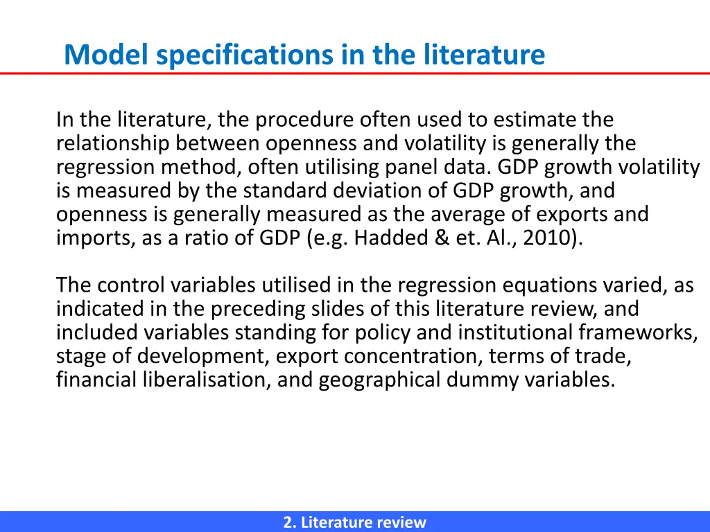 model specifications in the literature