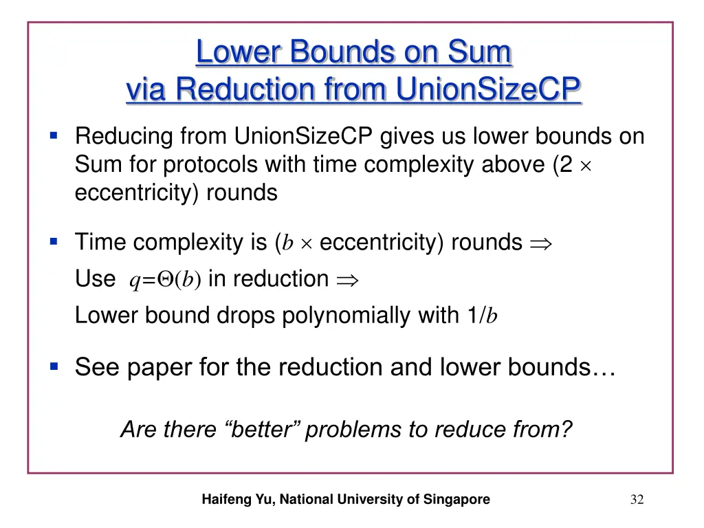 lower bounds on sum via reduction from unionsizecp