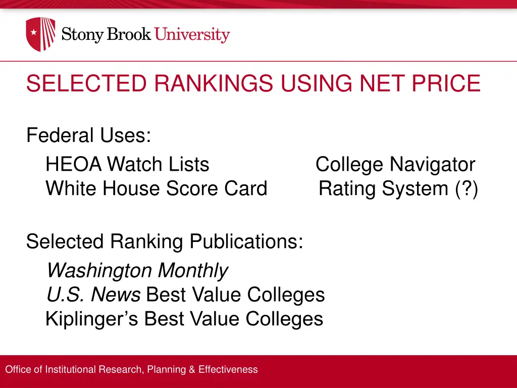 selected rankings using net price