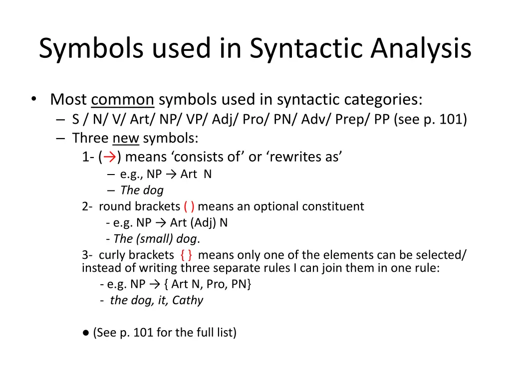 symbols used in syntactic analysis