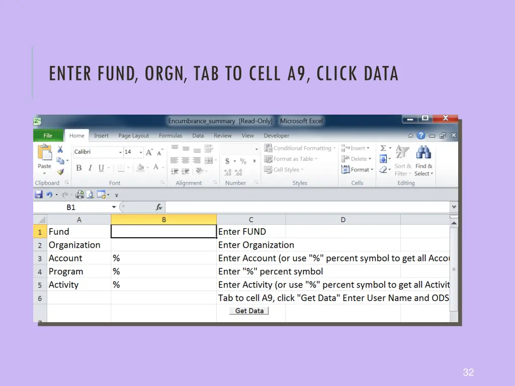 enter fund orgn tab to cell a9 click data