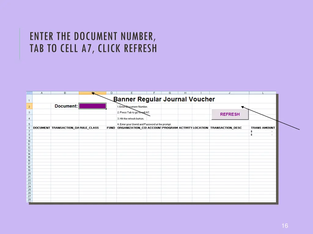 enter the document number tab to cell a7 click