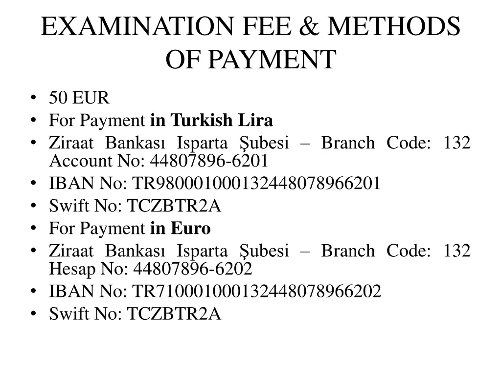 examination fee methods of payment