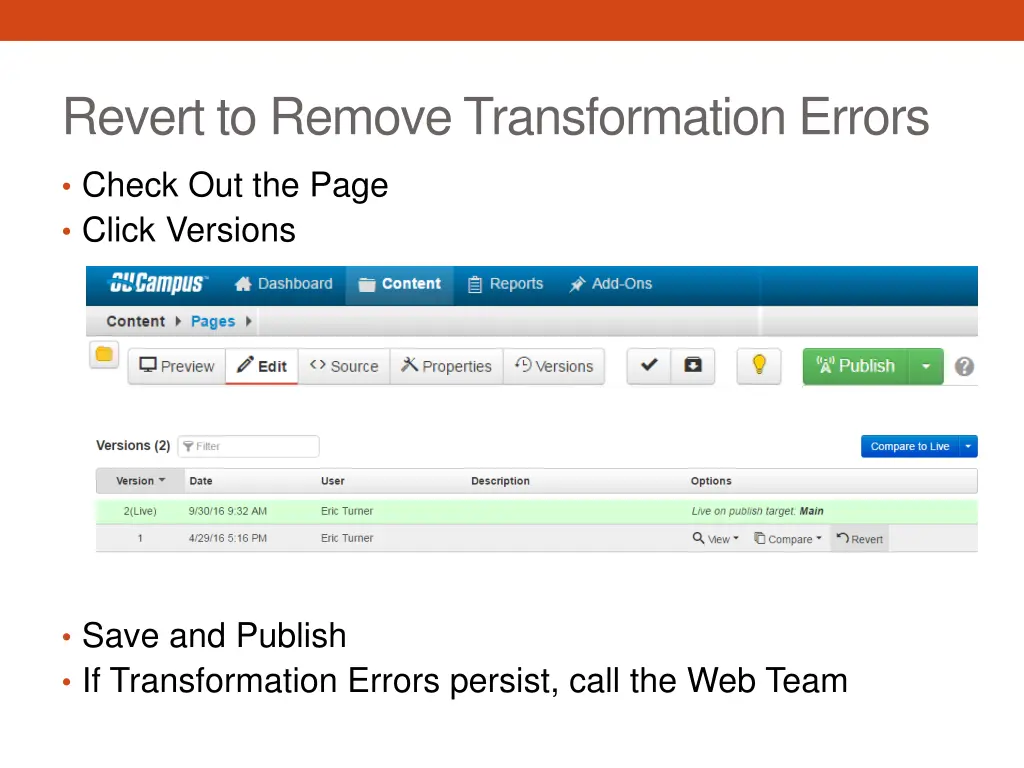 revert to remove transformation errors