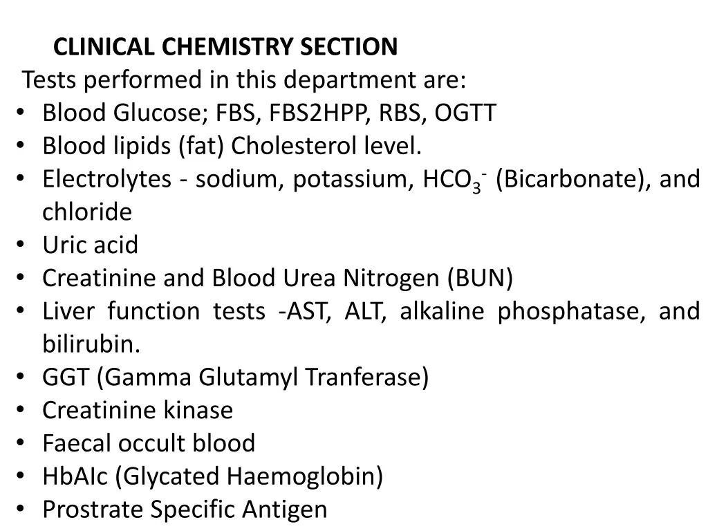 clinical chemistry section tests performed