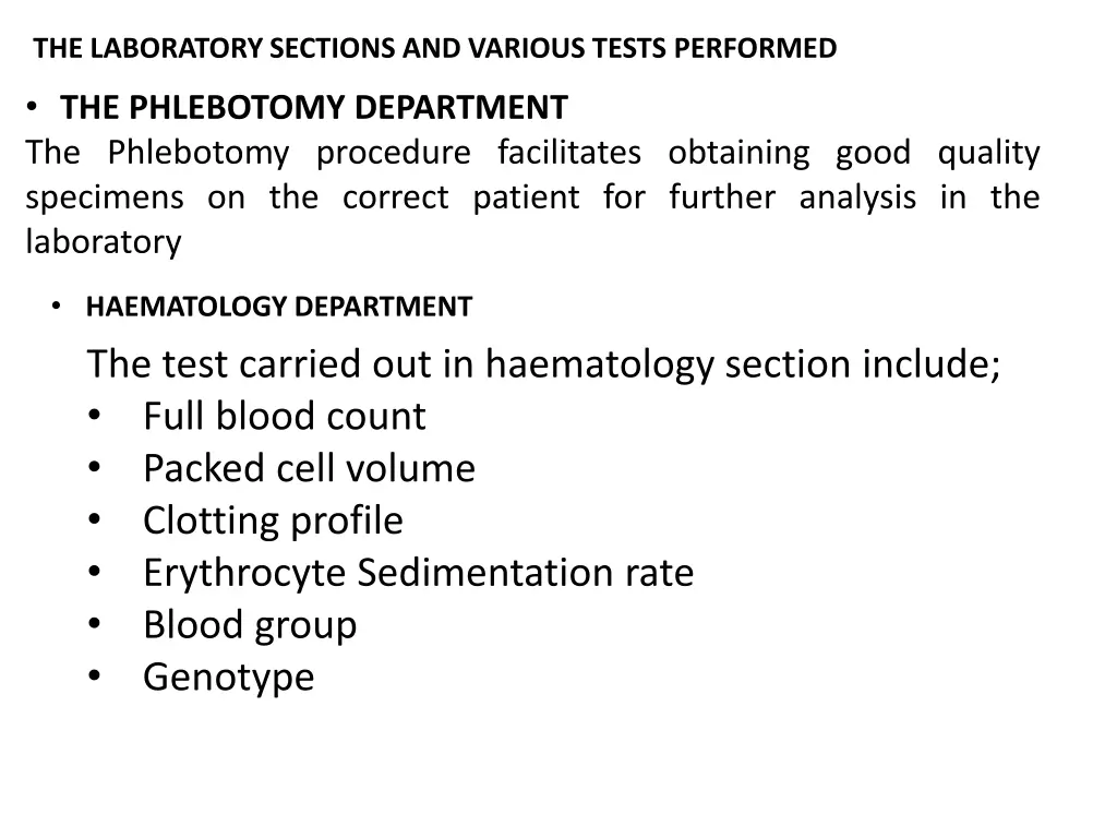 the laboratory sections and various tests