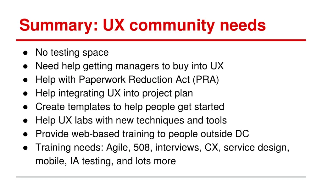 summary ux community needs