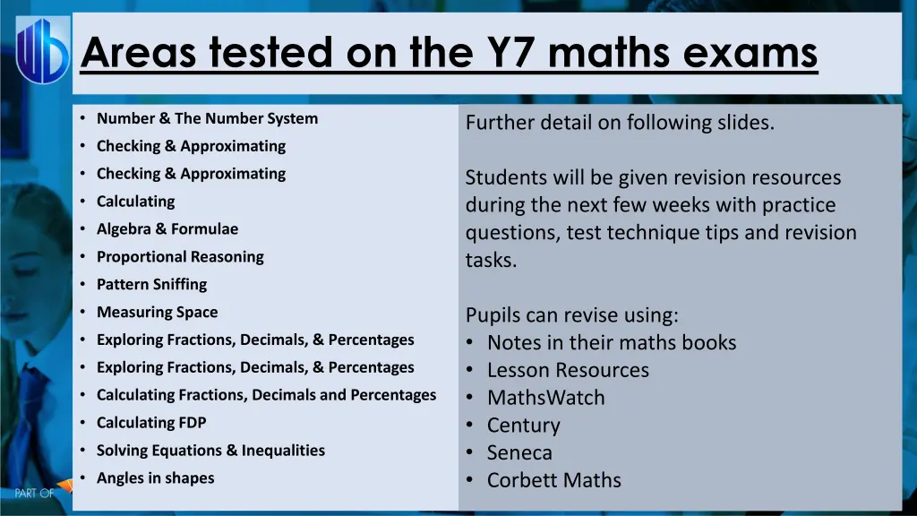 areas tested on the y7 maths exams