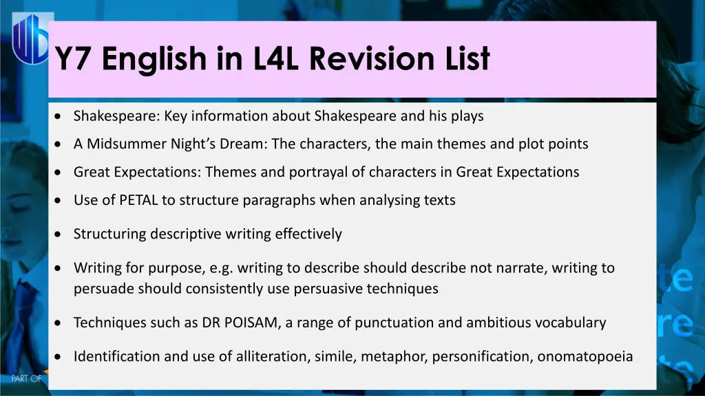 y7 english in l4l revision list