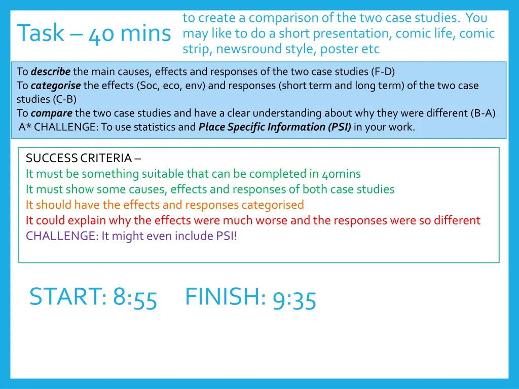 to create a comparison of the two case studies