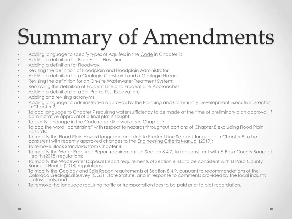 summary of amendments adding language to specify