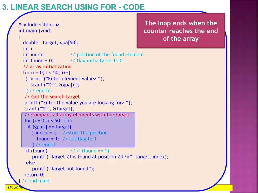 3 linear search using for code