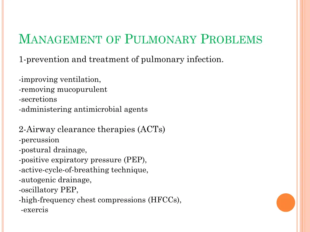 m anagement of p ulmonary p roblems