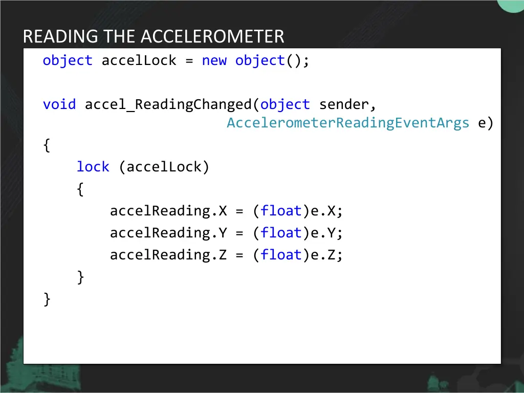 reading the accelerometer object accellock