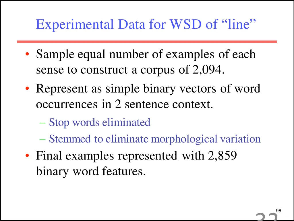 experimental data for wsd of line