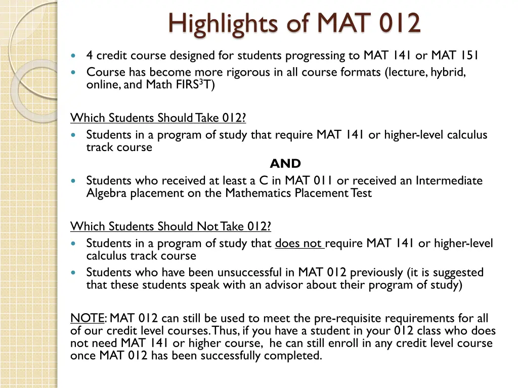 highlights of mat 012