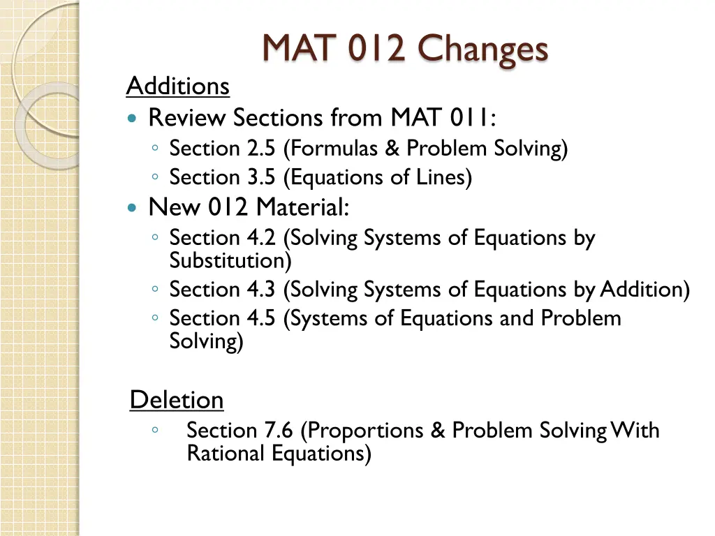 mat 012 changes