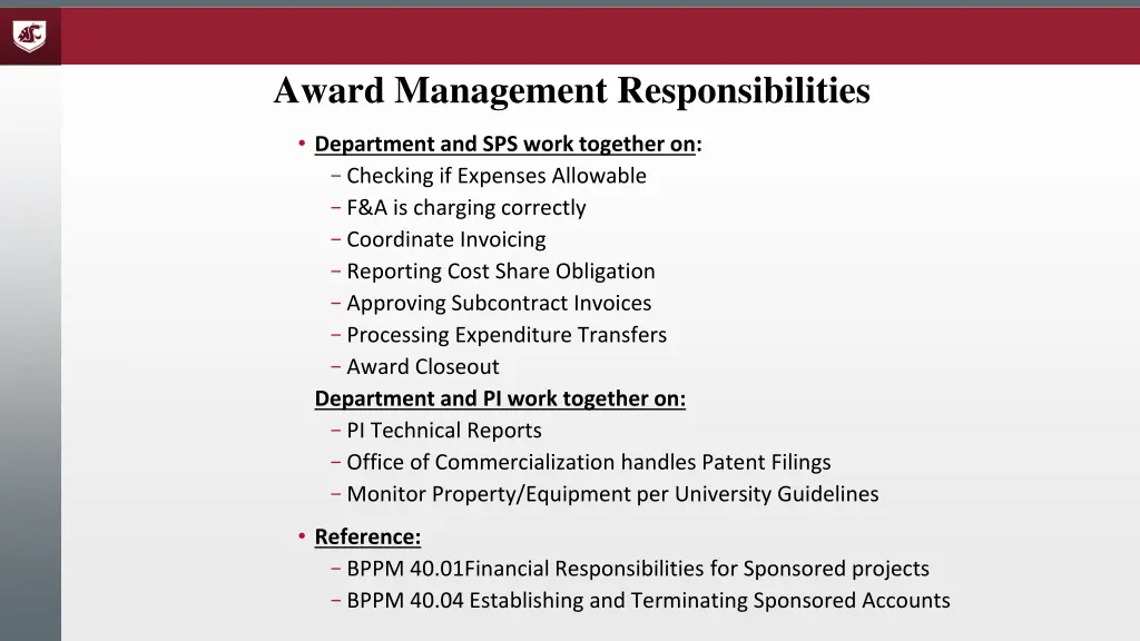 award management responsibilities