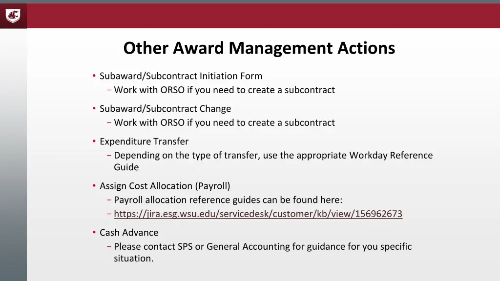 other award management actions