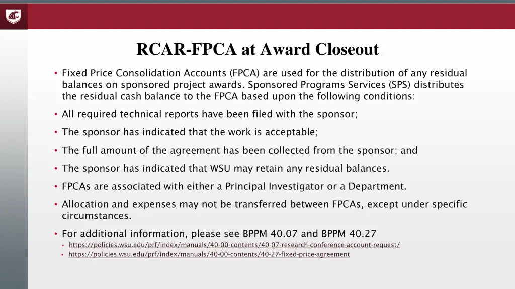 rcar fpca at award closeout