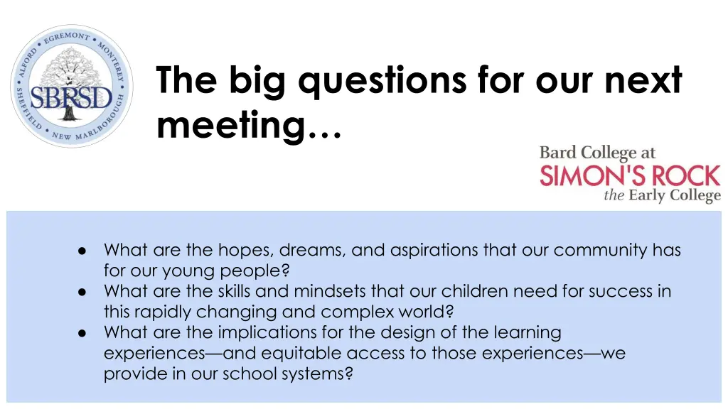 the big questions for our next meeting