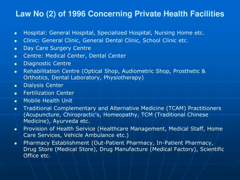 law no 2 of 1996 concerning private health