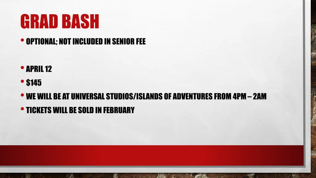 grad bash optional not included in senior fee