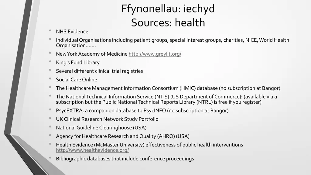 ffynonellau iechyd sources health