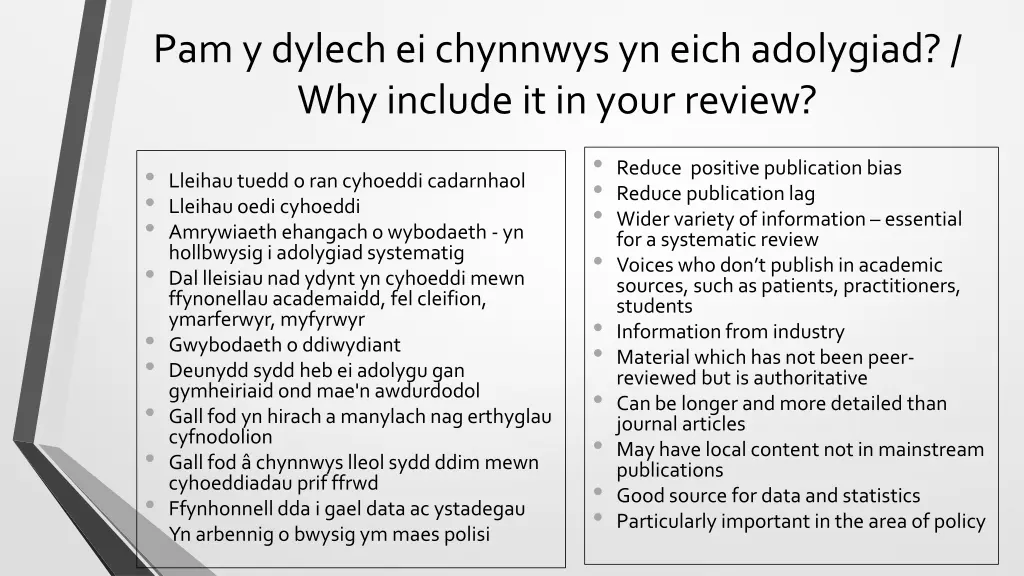 pam y dylech ei chynnwys yn eich adolygiad