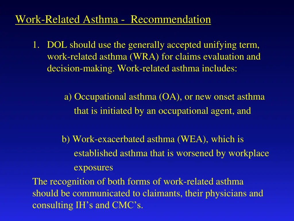 work related asthma recommendation