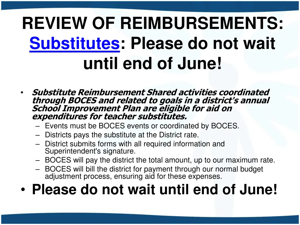 review of reimbursements substitutes please