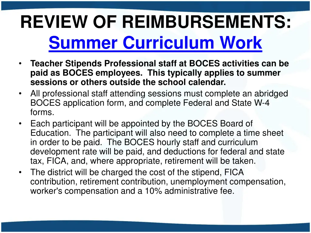 review of reimbursements summer curriculum work