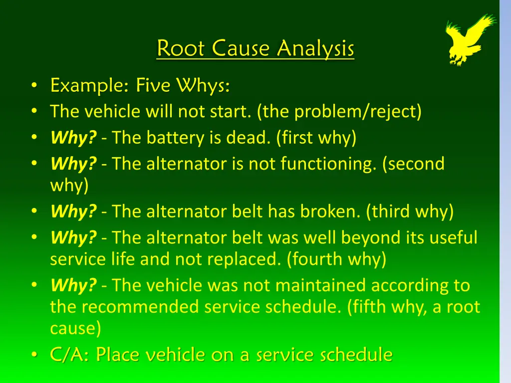 example five whys the vehicle will not start